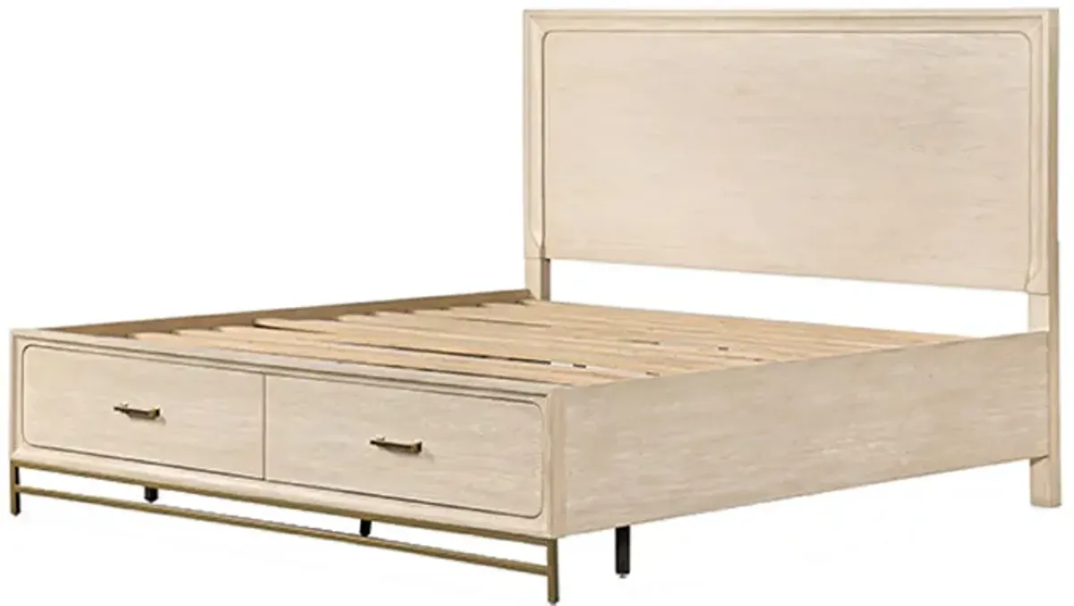 Rozie King Bed, Footboard Storage Drawers, Light Oak Brown Solid Wood - Benzara