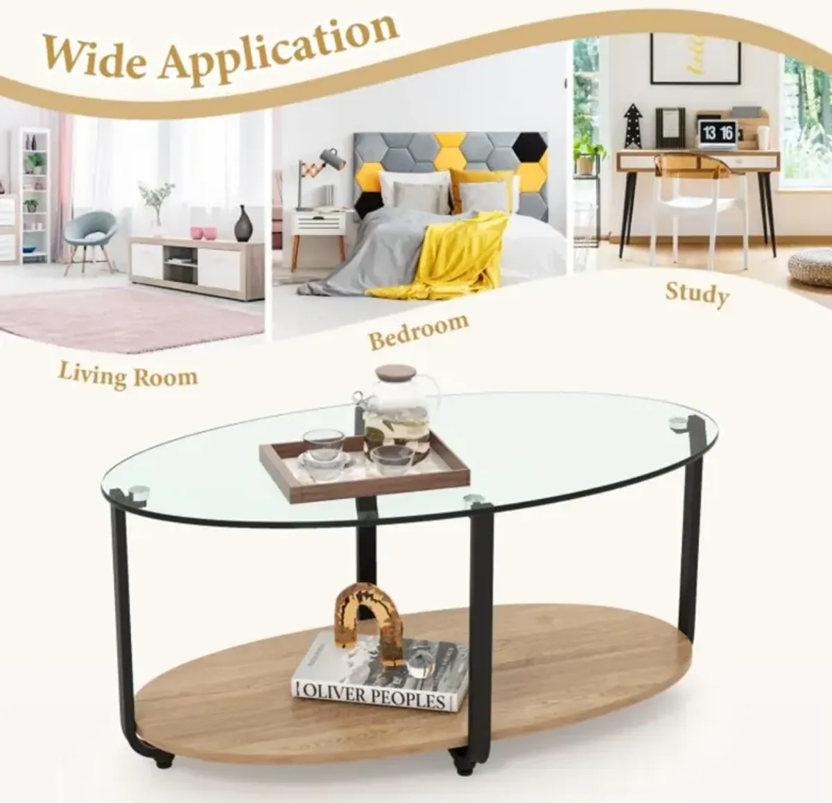 Hivvago 2-Tier Glass-Top Oval Coffee Table with Wooden Shelf for Living Room