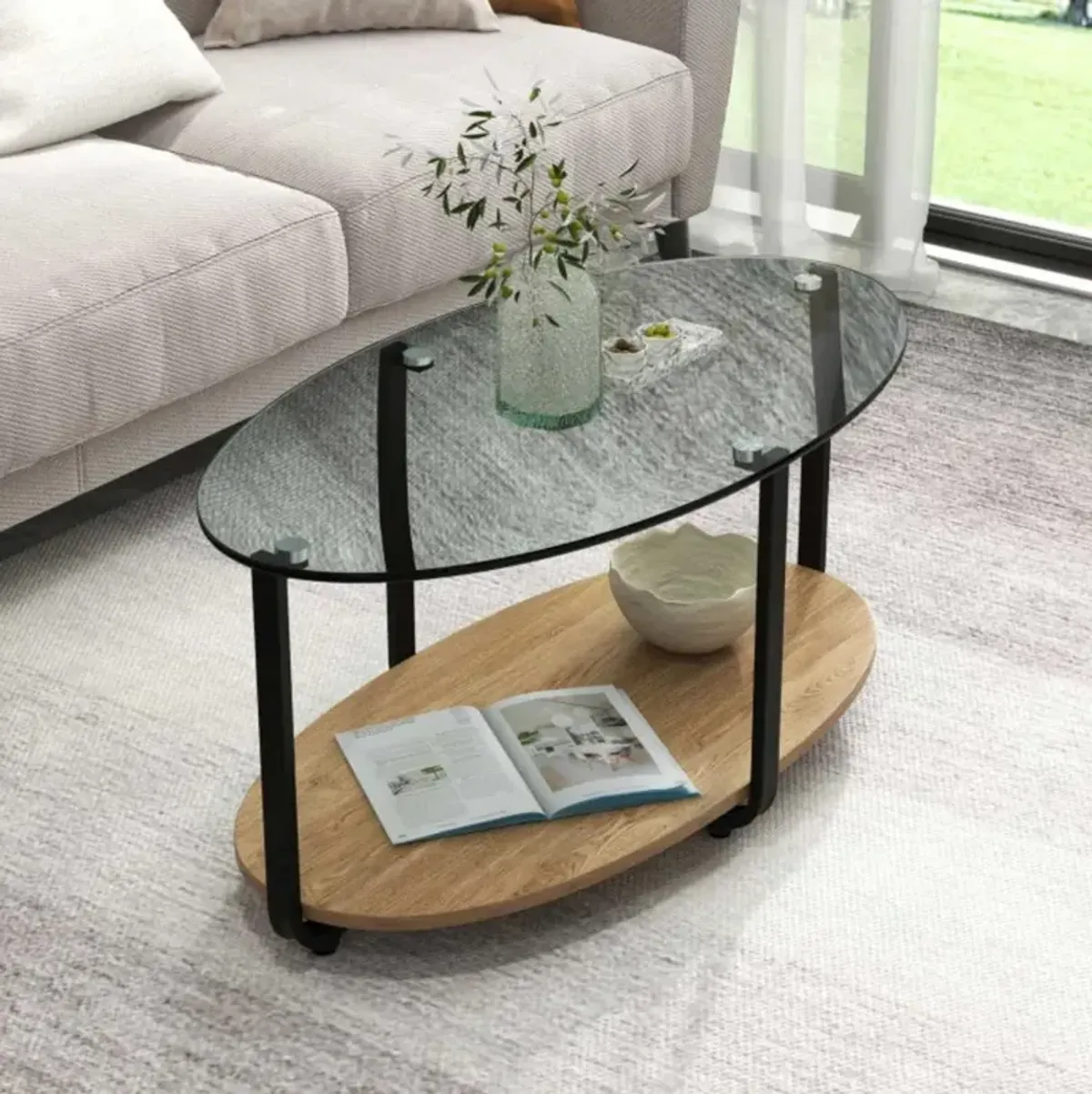 Hivvago 2-Tier Glass-Top Oval Coffee Table with Wooden Shelf for Living Room