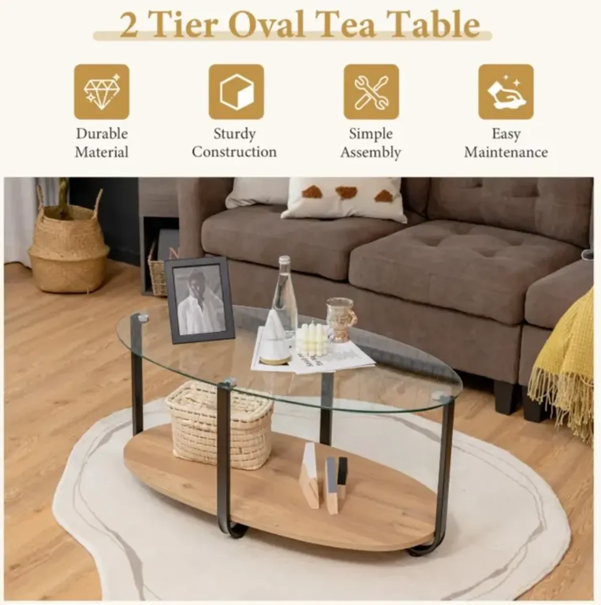 Hivvago 2-Tier Glass-Top Oval Coffee Table with Wooden Shelf for Living Room