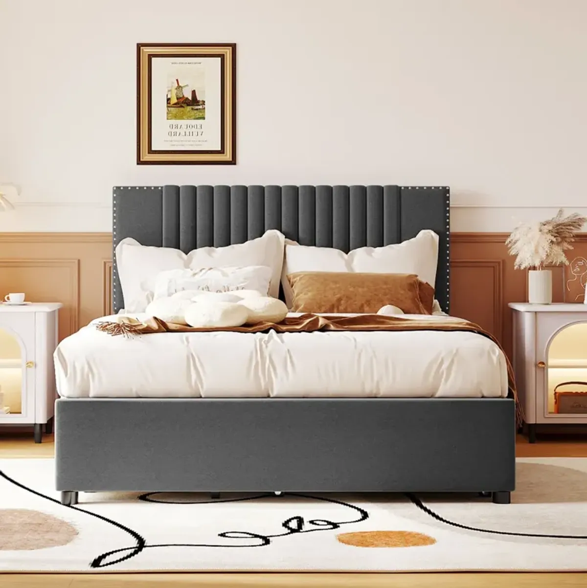 Full Size Upholstered Platform Bed With 2 Drawers And 1 Twin Size Trundle, Classic Headboard Design