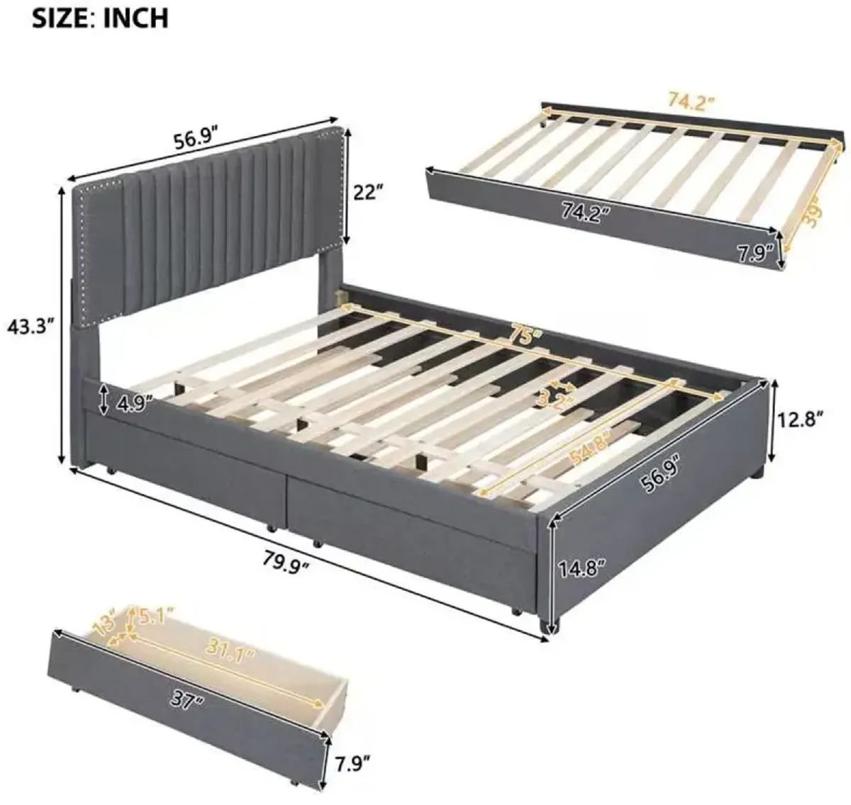 Full Size Upholstered Platform Bed With 2 Drawers And 1 Twin Size Trundle, Classic Headboard Design