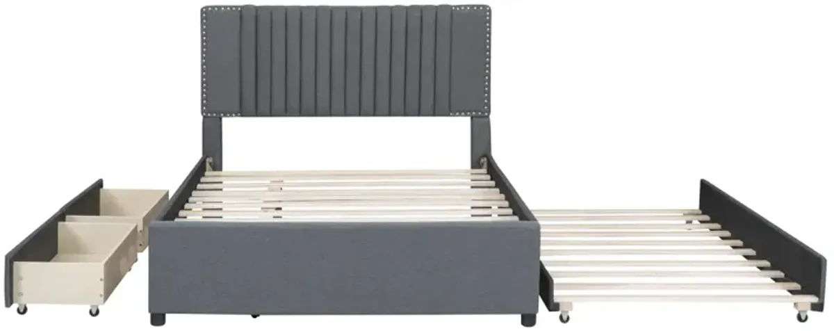 Full Size Upholstered Platform Bed With 2 Drawers And 1 Twin Size Trundle, Classic Headboard Design