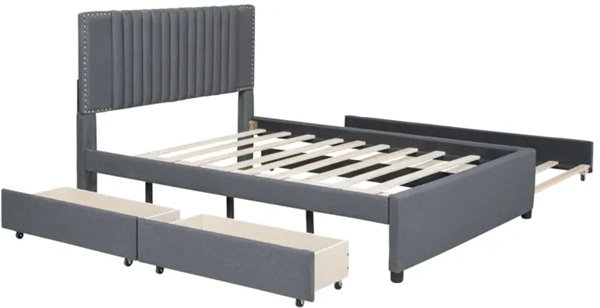 Full Size Upholstered Platform Bed With 2 Drawers And 1 Twin Size Trundle, Classic Headboard Design