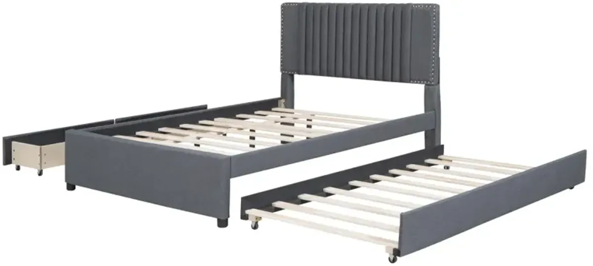 Full Size Upholstered Platform Bed With 2 Drawers And 1 Twin Size Trundle, Classic Headboard Design