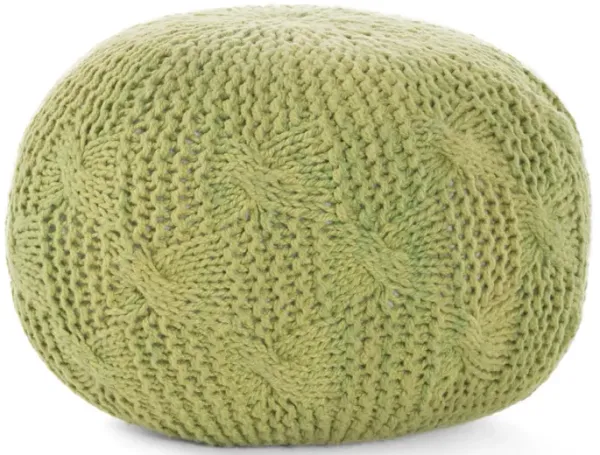 Trail Pouf Ottoman, 20 Inch, Round, Knitted Boho Design, Green Wool - Benzara