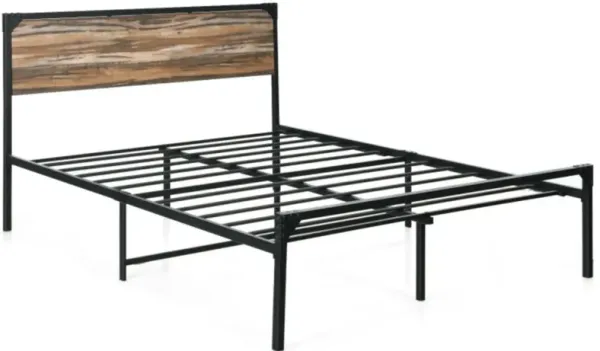 Metal Platform Bed Frame with Wooden Headboard