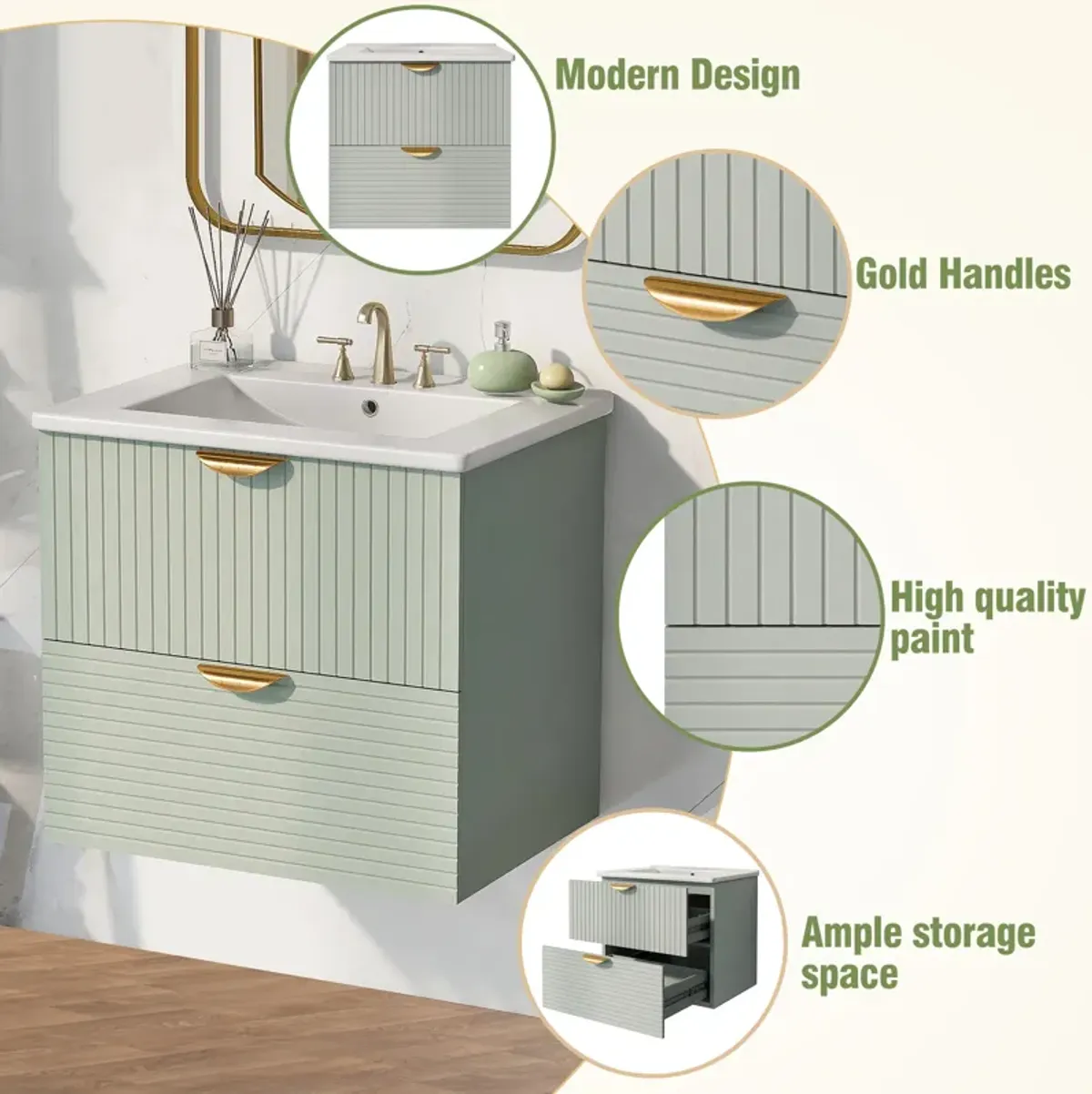 Gewnee Elegant 24-Inch Bathroom Vanity Cabinet 2 Drawers, Green