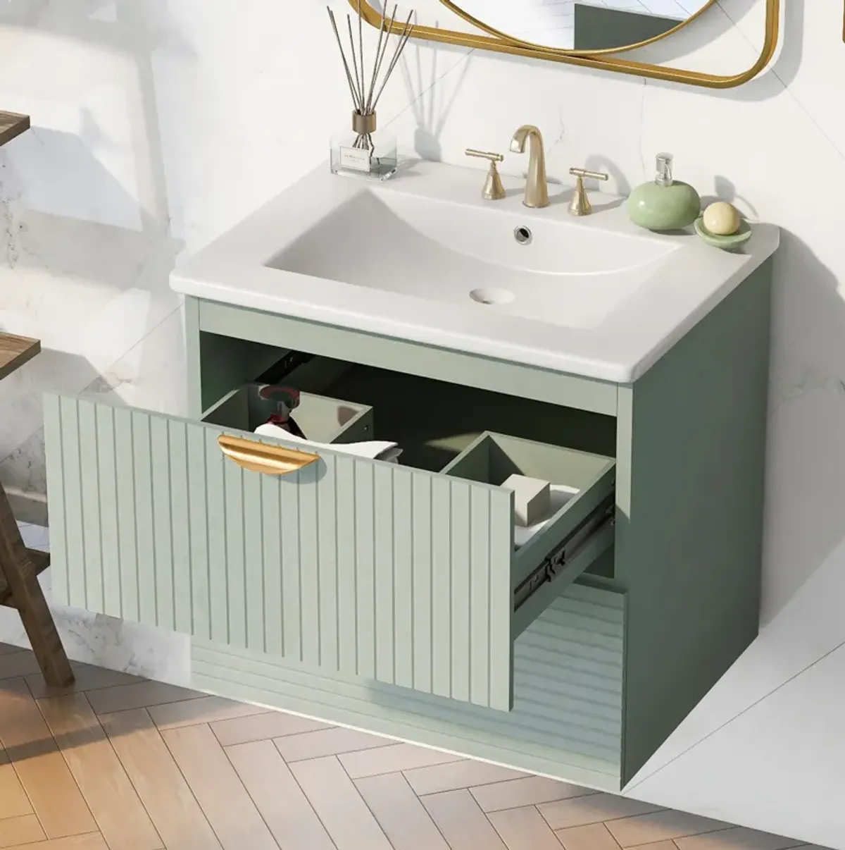 Gewnee Elegant 24-Inch Bathroom Vanity Cabinet 2 Drawers, Green