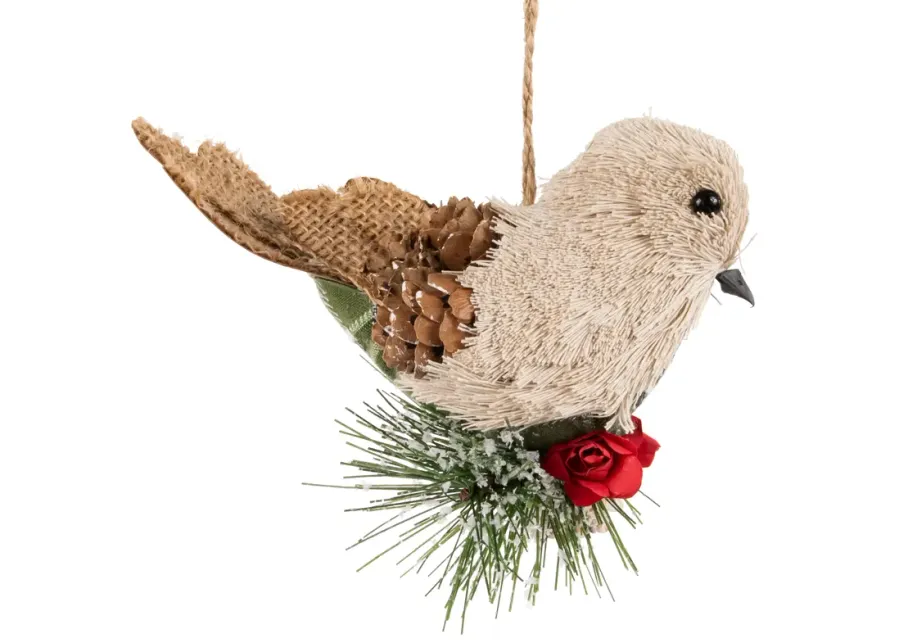 6.75" Front Facing Plaid Bird and Frosted Pine Needle Hanging Christmas Ornament