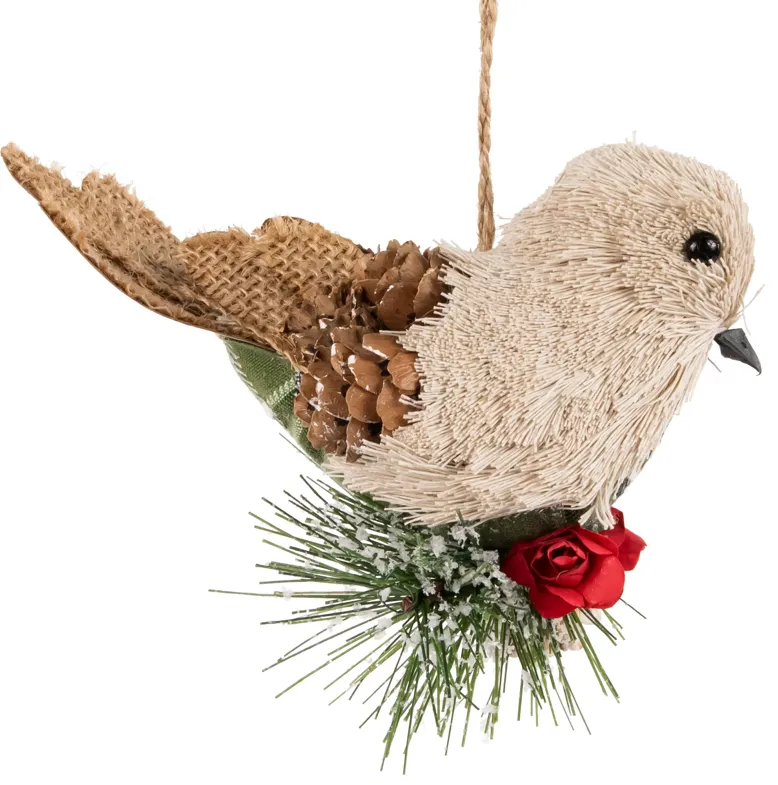 6.75" Front Facing Plaid Bird and Frosted Pine Needle Hanging Christmas Ornament