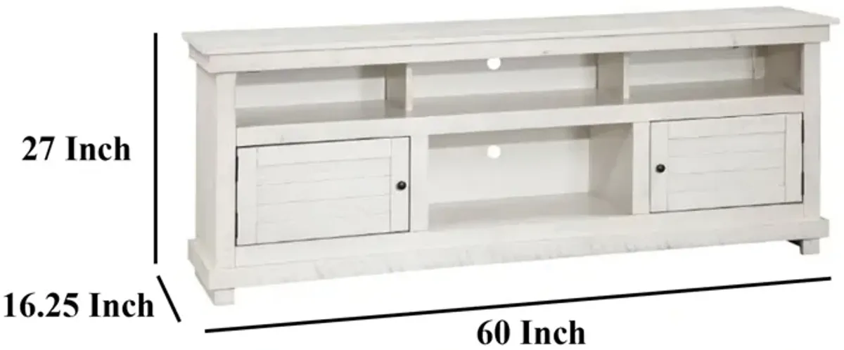 Ayne TV Stand Media Cabinet, 2 Doors and 4 Shelves, White Wood 60 Inch - Benzara