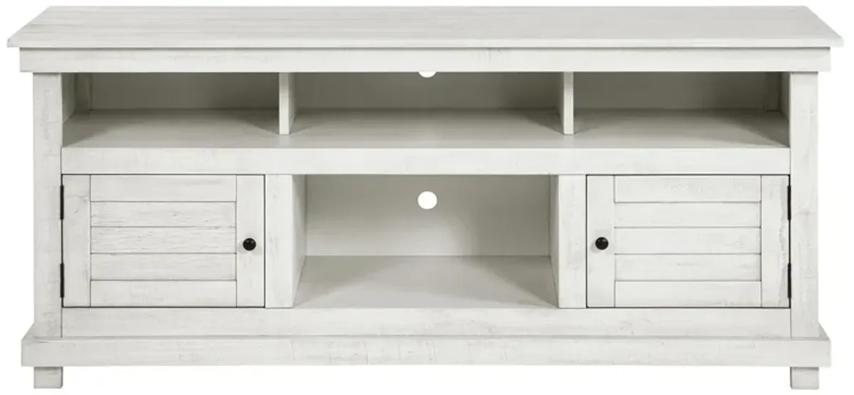 Ayne TV Stand Media Cabinet, 2 Doors and 4 Shelves, White Wood 60 Inch - Benzara