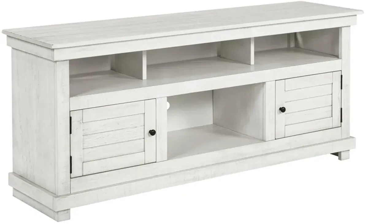 Ayne TV Stand Media Cabinet, 2 Doors and 4 Shelves, White Wood 60 Inch - Benzara