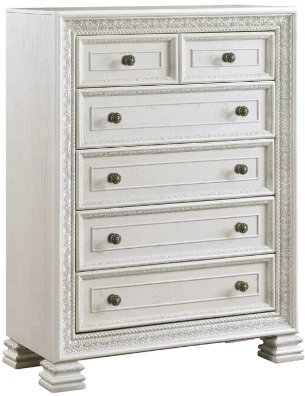 Rotu Tall Dresser Chest, 5 Drawers Rope Molding, White Ash Veneer - Benzara