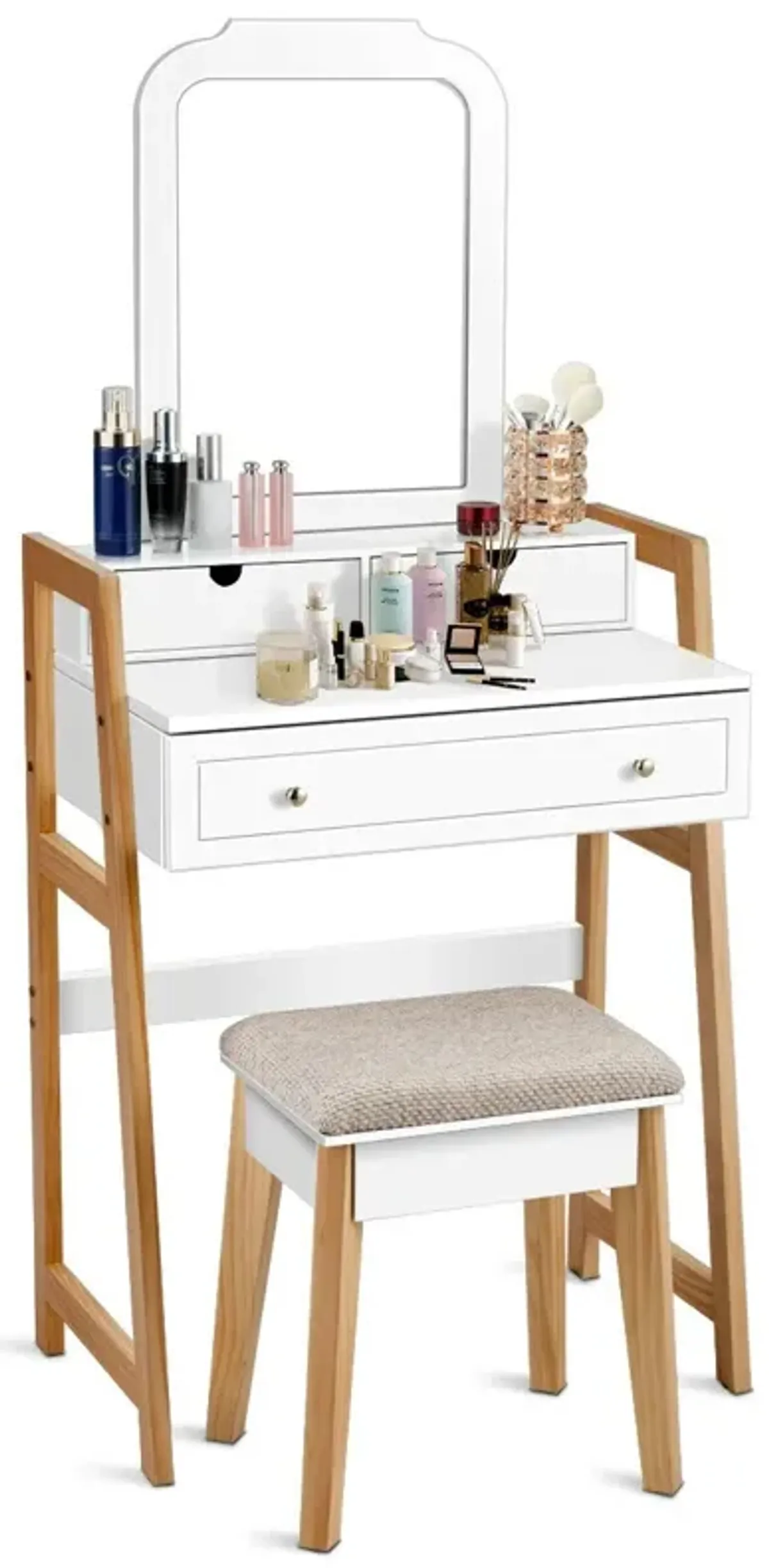 Vanity Table Set with Cushioned Stool and Large Mirror