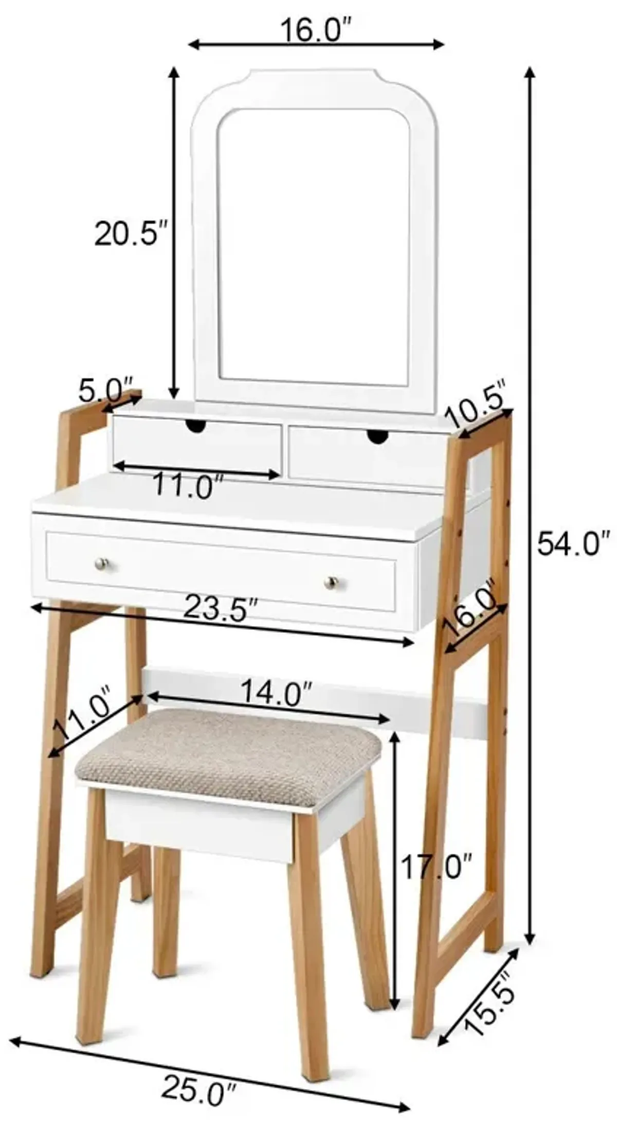 Vanity Table Set with Cushioned Stool and Large Mirror