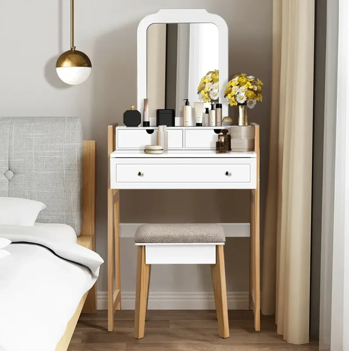 Vanity Table Set with Cushioned Stool and Large Mirror