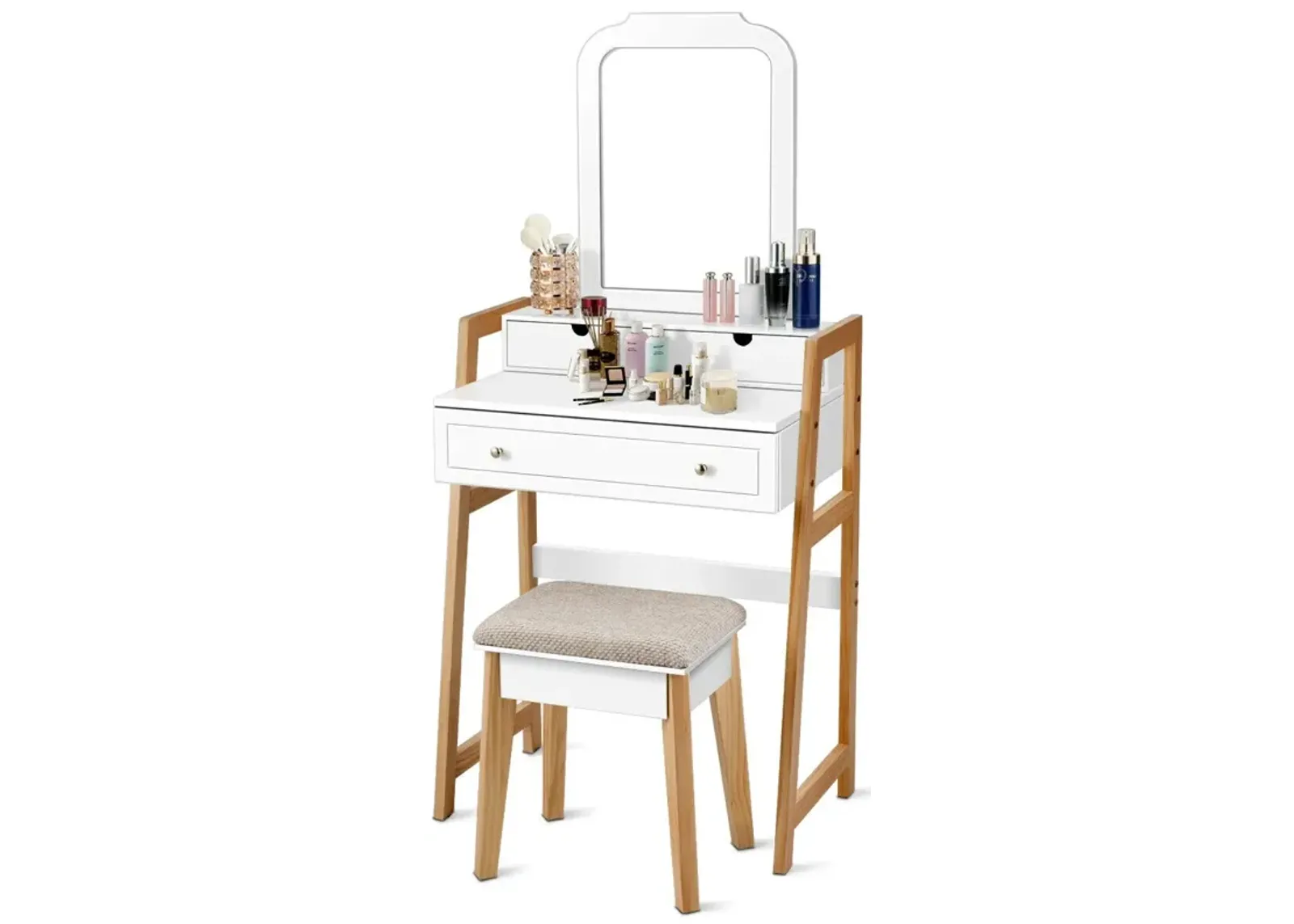 Vanity Table Set with Cushioned Stool and Large Mirror