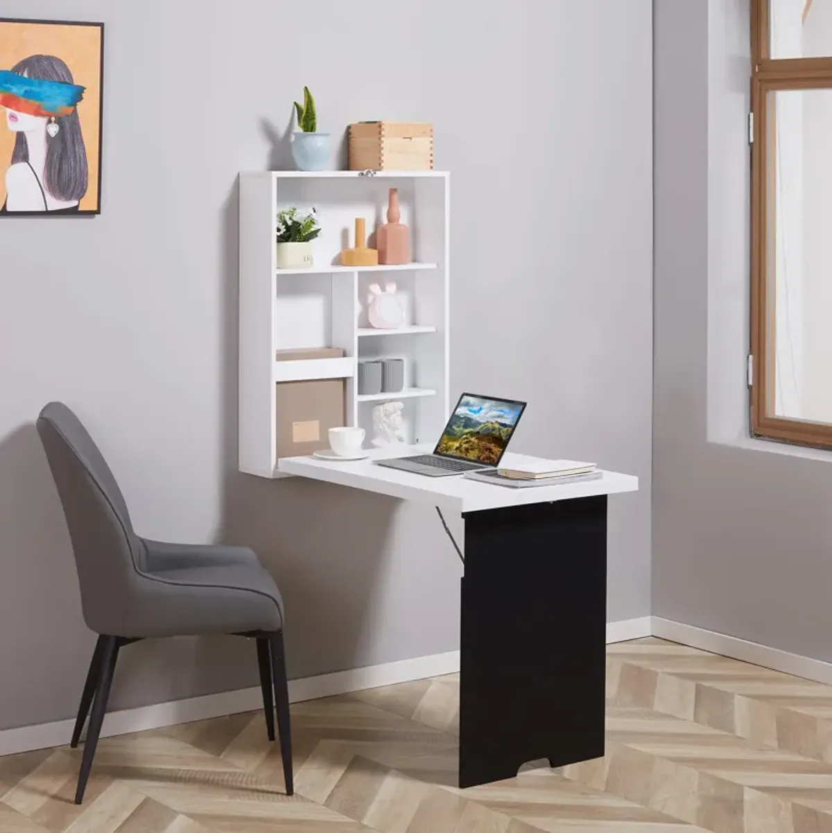 White Space Saver: Folding Wall Desk with Blackboard and Shelves