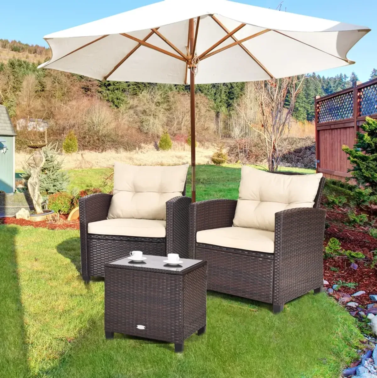 3 Pcs Patio Rattan Furniture Set Cushioned Conversation Set Coffee Table