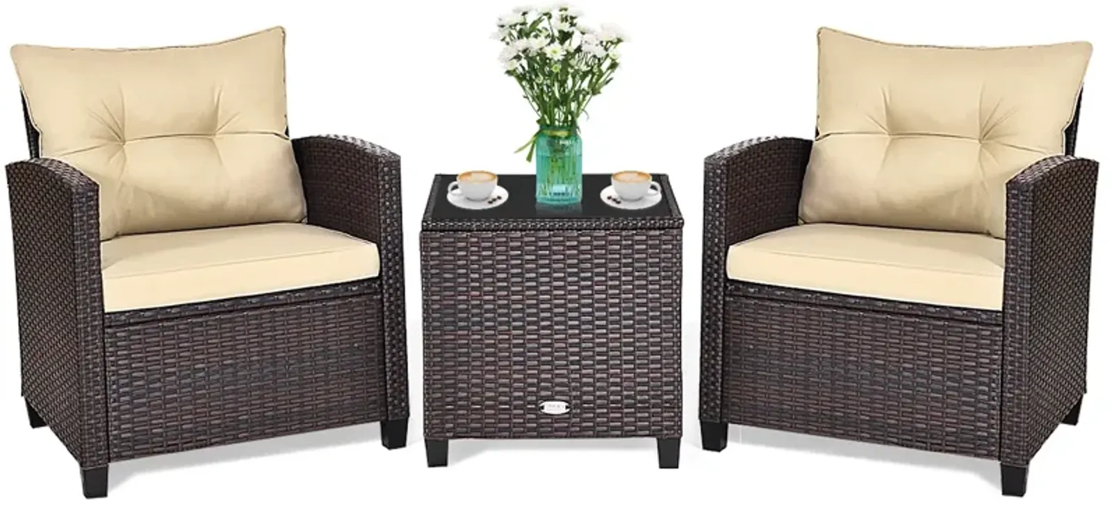 3 Pcs Patio Rattan Furniture Set Cushioned Conversation Set Coffee Table