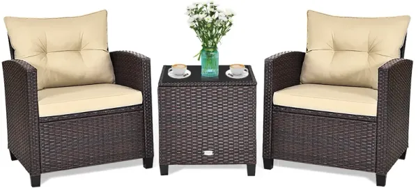 3 Pcs Patio Rattan Furniture Set Cushioned Conversation Set Coffee Table