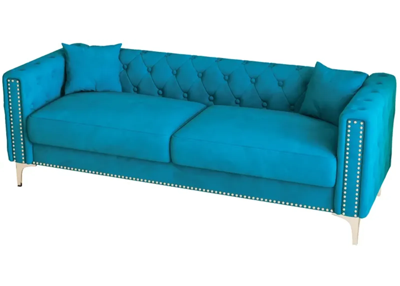 Sofa Includes 2 Pillows, Blue Velvet Triple Sofa, Suitable For Large And Small Spaces