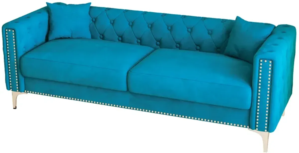 Sofa Includes 2 Pillows, Blue Velvet Triple Sofa, Suitable For Large And Small Spaces