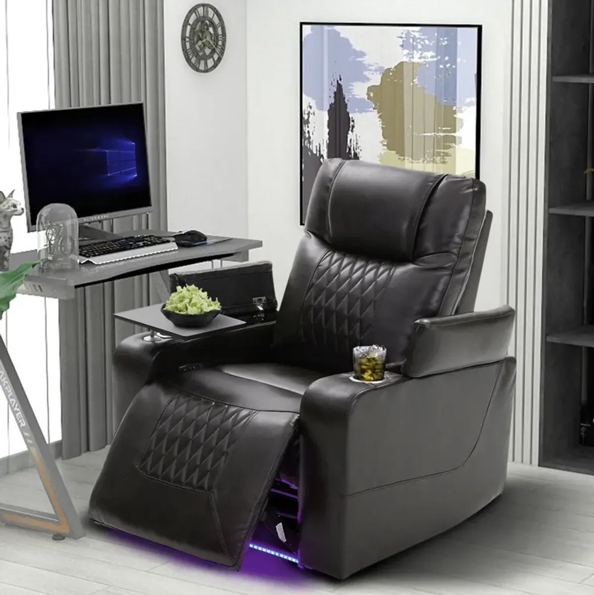 Merax Power Motion Recliner with USB Charging Port and Hidden Arm Storage 2 Convenient Cup Holders Design and 360° Swivel Tray Table