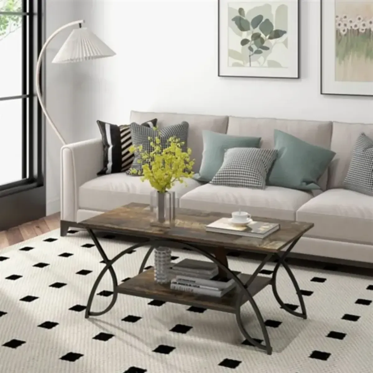 Farmhouse-Inspired 2-Tier Wood Coffee Table with Curved Metal Accents