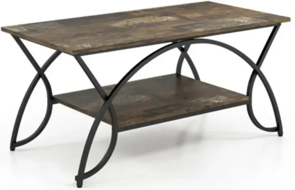 Farmhouse-Inspired 2-Tier Wood Coffee Table with Curved Metal Accents