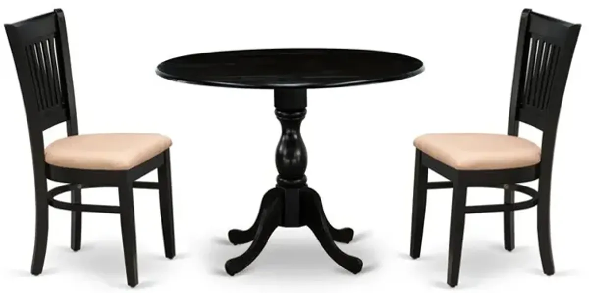 East West Furniture - DMVA3-BLK-C - 3-Pc Dining Room Table Set- 2 Dining Chairs with Linen Fabric Seat and Slatted Chair Back - Drop Leaves Dining Table - Black Finish