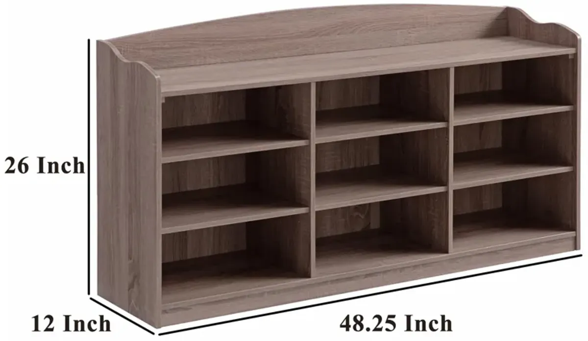 Hale Shoe Bench, 48 Inch Top, 9 Open Compartments, Taupe Brown Finish - Benzara