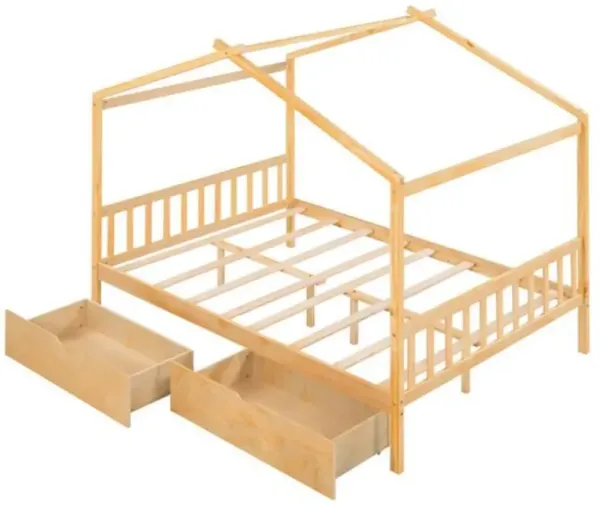 Wooden House Bed Frame with Roof Headboard Footboard and Storage Drawers