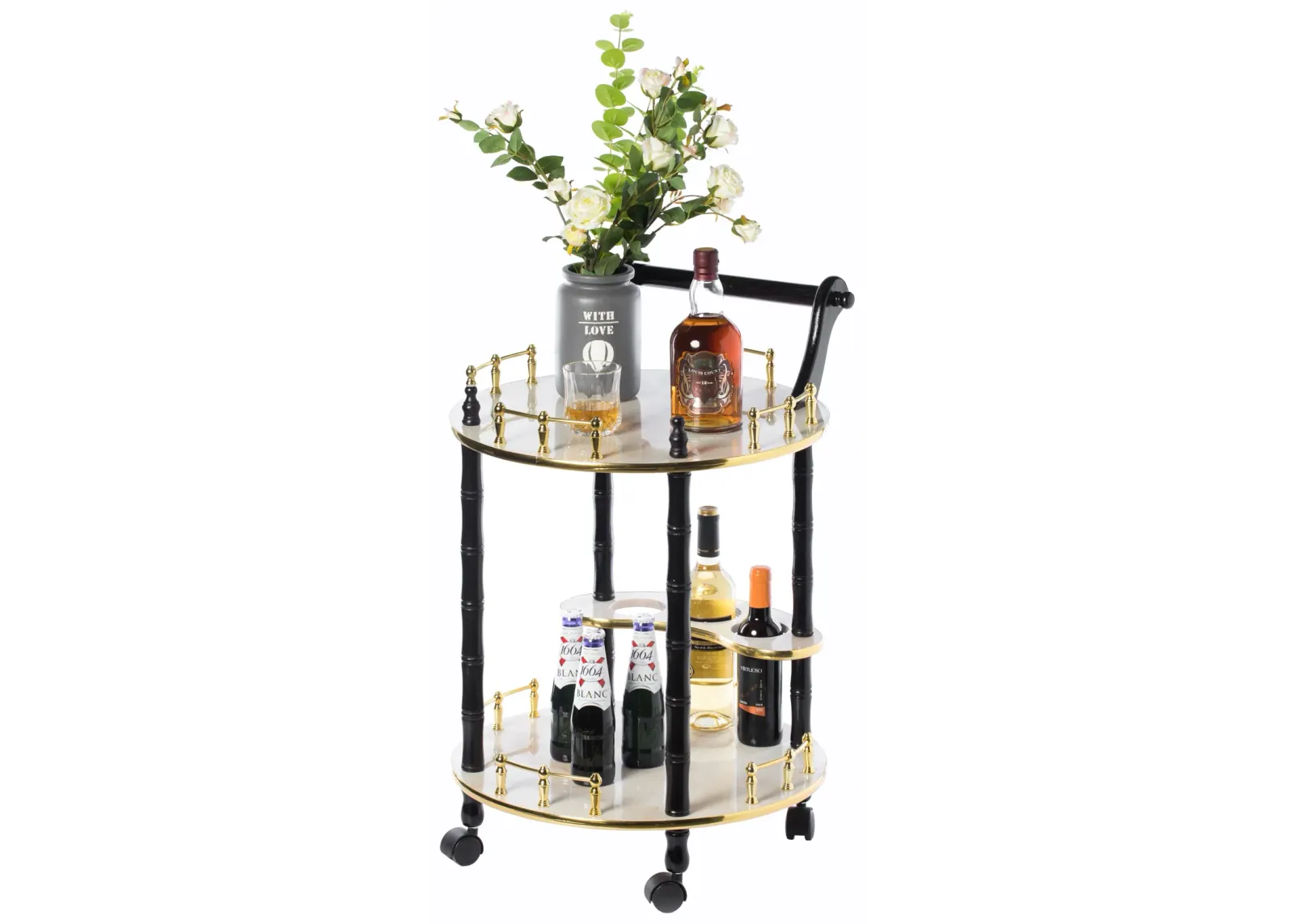 Round Wood Serving Bar Cart Tea Trolley with 2 Tier Shelves and Rolling Wheels, Silver, White and Gray