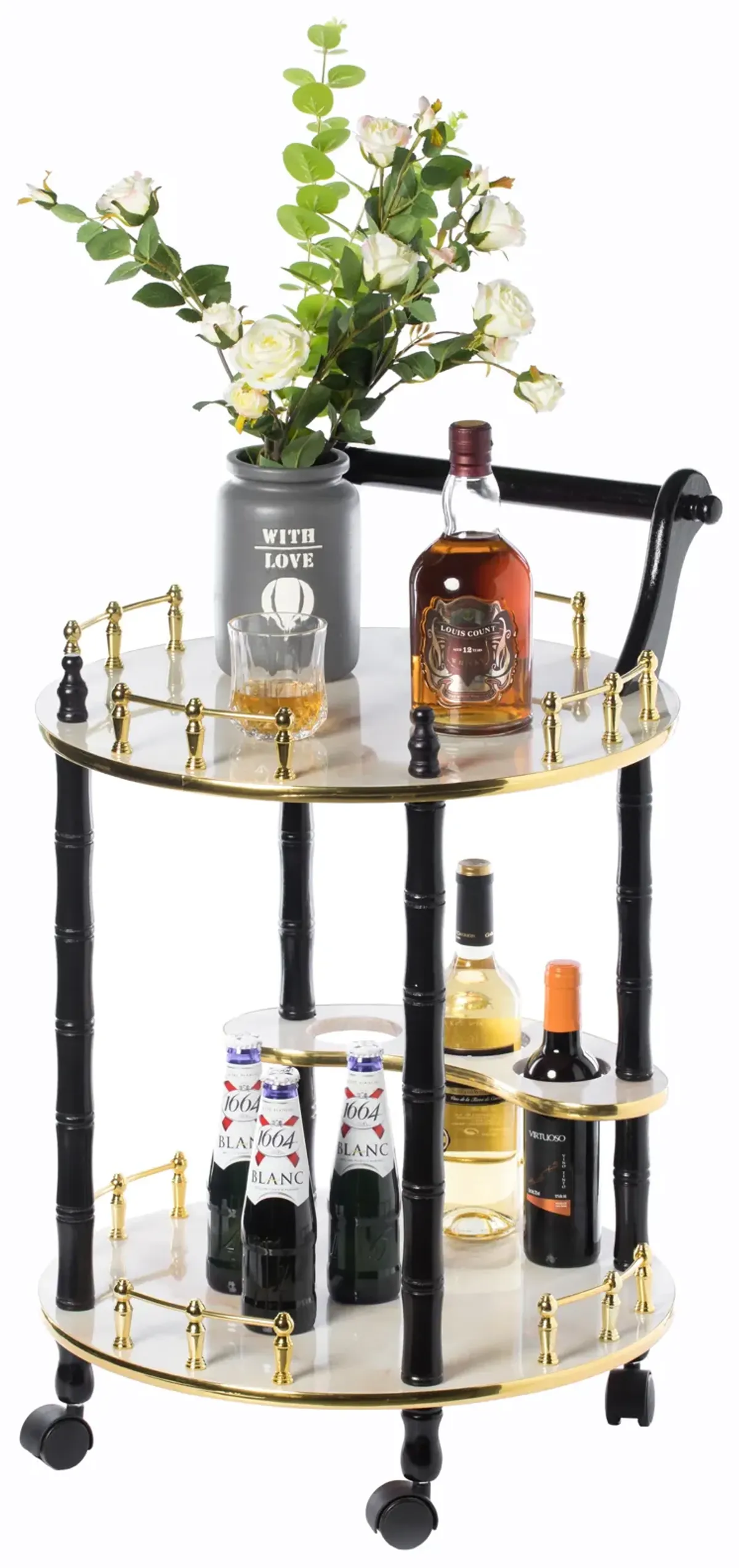 Round Wood Serving Bar Cart Tea Trolley with 2 Tier Shelves and Rolling Wheels, Silver, White and Gray