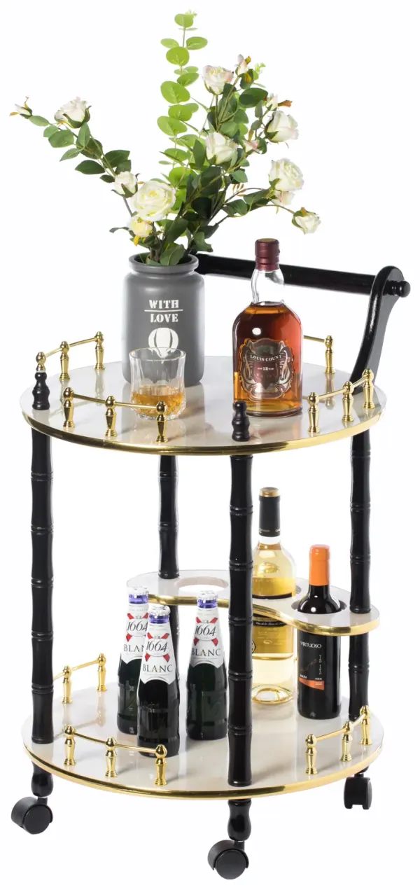 Round Wood Serving Bar Cart Tea Trolley with 2 Tier Shelves and Rolling Wheels, Silver, White and Gray