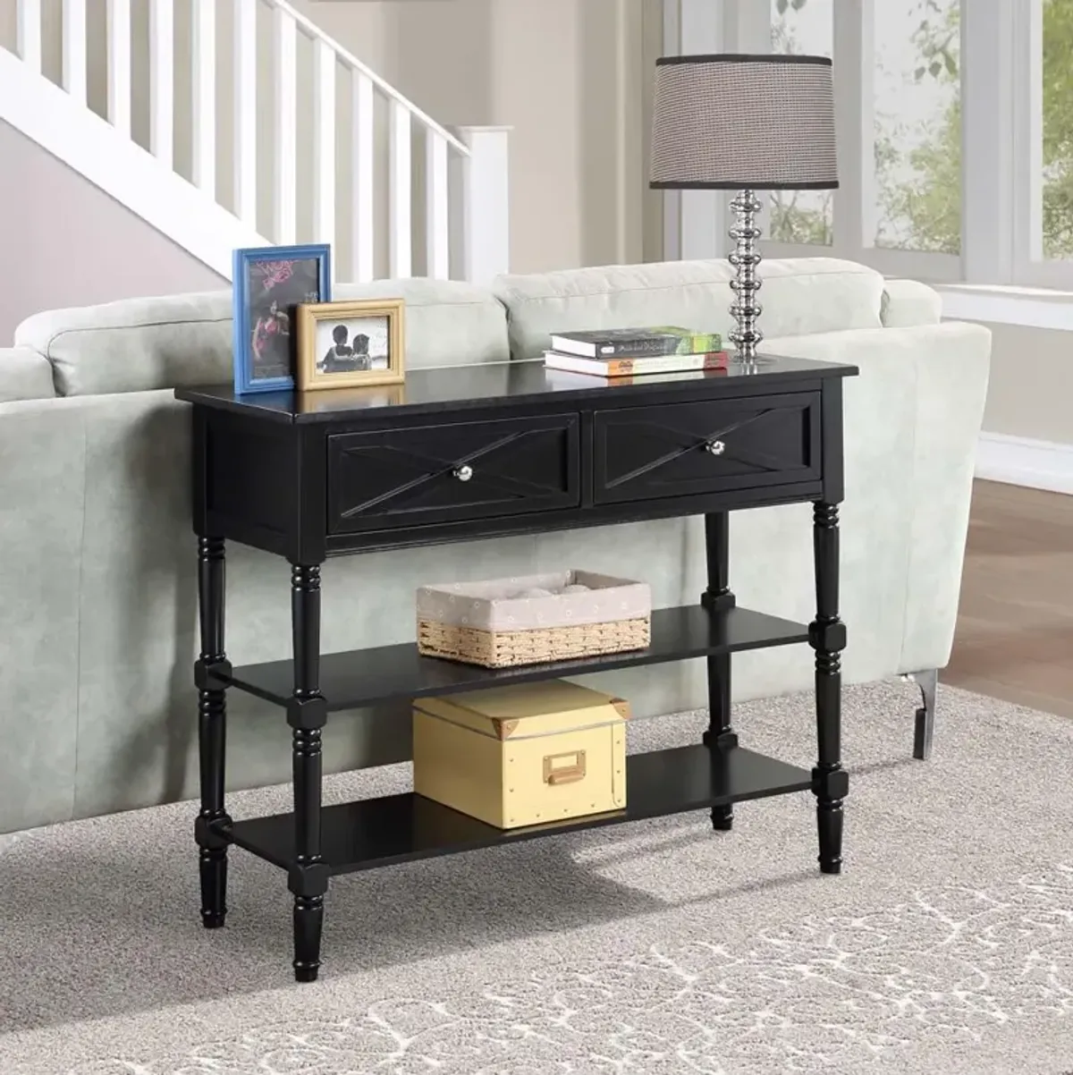 Convenience Concepts Country Oxford 2 Drawer Console Table with Shelves, Black