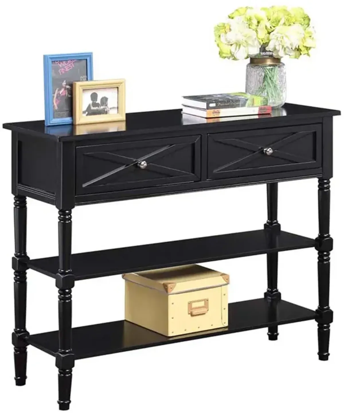 Convenience Concepts Country Oxford 2 Drawer Console Table with Shelves, Black