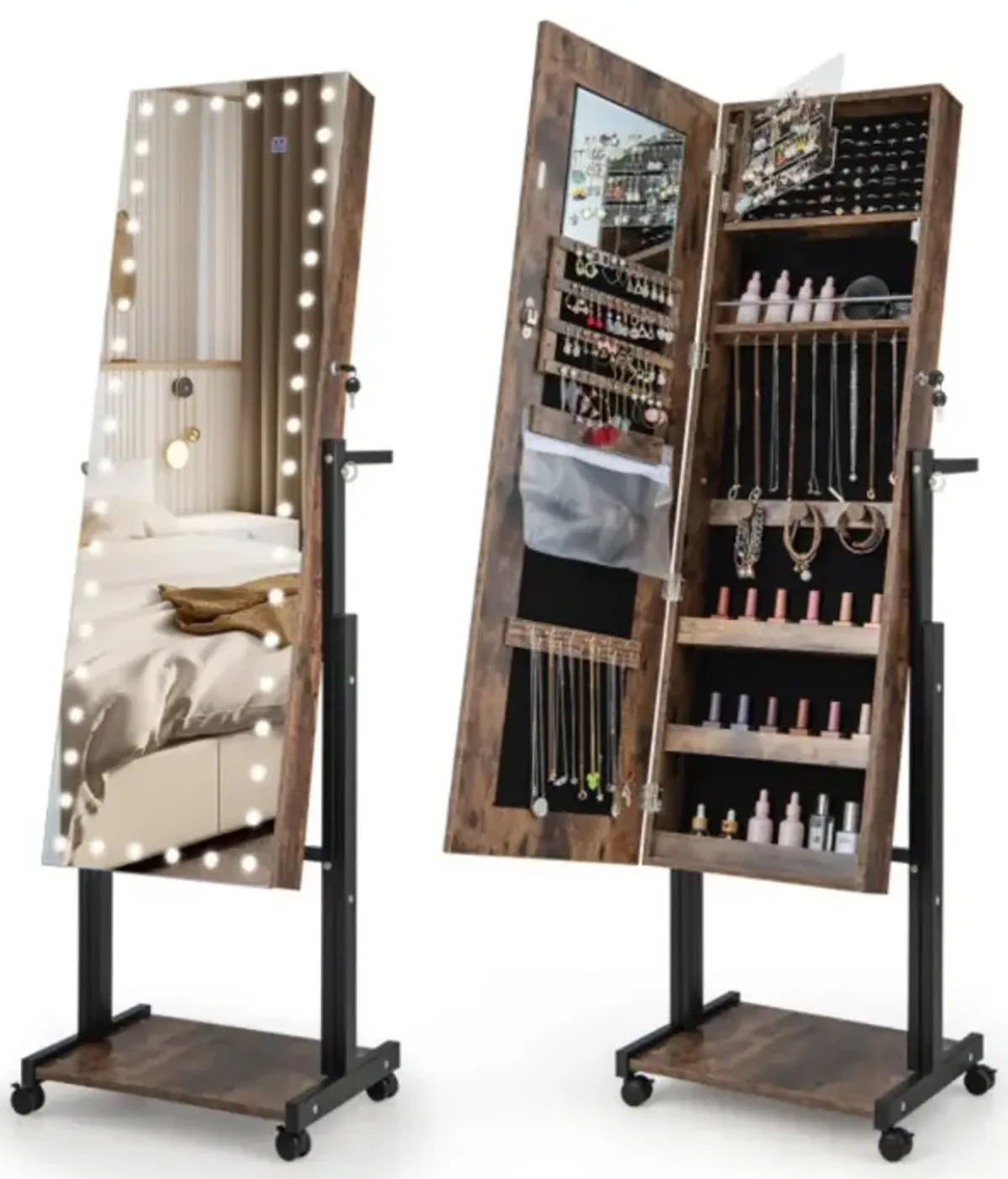 3-Color 46 LED Lights�Mirror Jewelry Cabinet Armoire Adjustable Height with Wheels