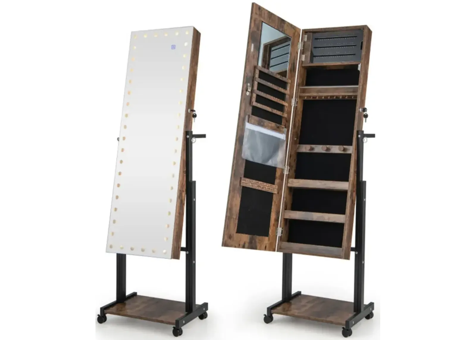 3-Color 46 LED Lights�Mirror Jewelry Cabinet Armoire Adjustable Height with Wheels