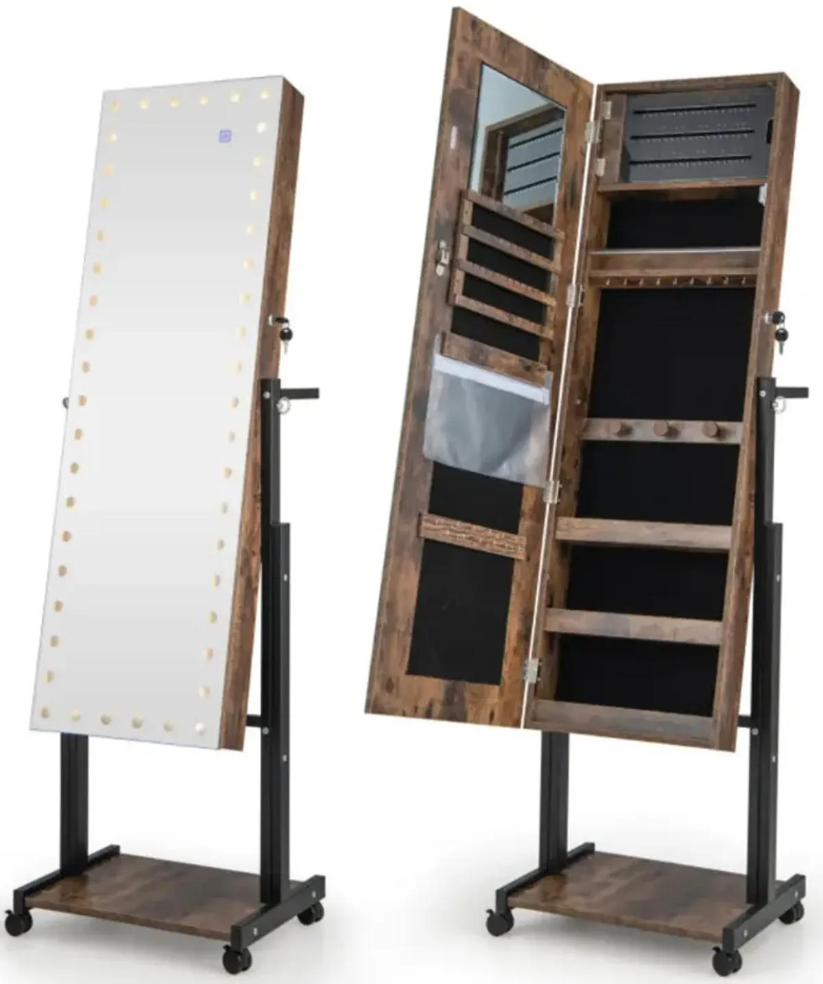 3-Color 46 LED Lights�Mirror Jewelry Cabinet Armoire Adjustable Height with Wheels