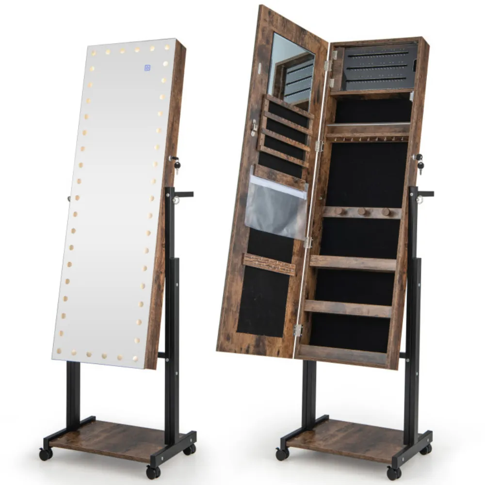3-Color 46 LED Lights�Mirror Jewelry Cabinet Armoire Adjustable Height with Wheels