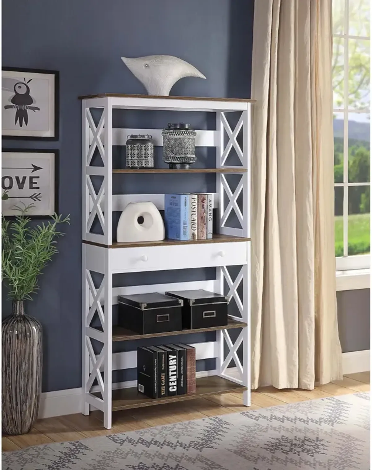 Convenience Concepts Oxford 5 Tier Bookcase with Drawer, Driftwood / White