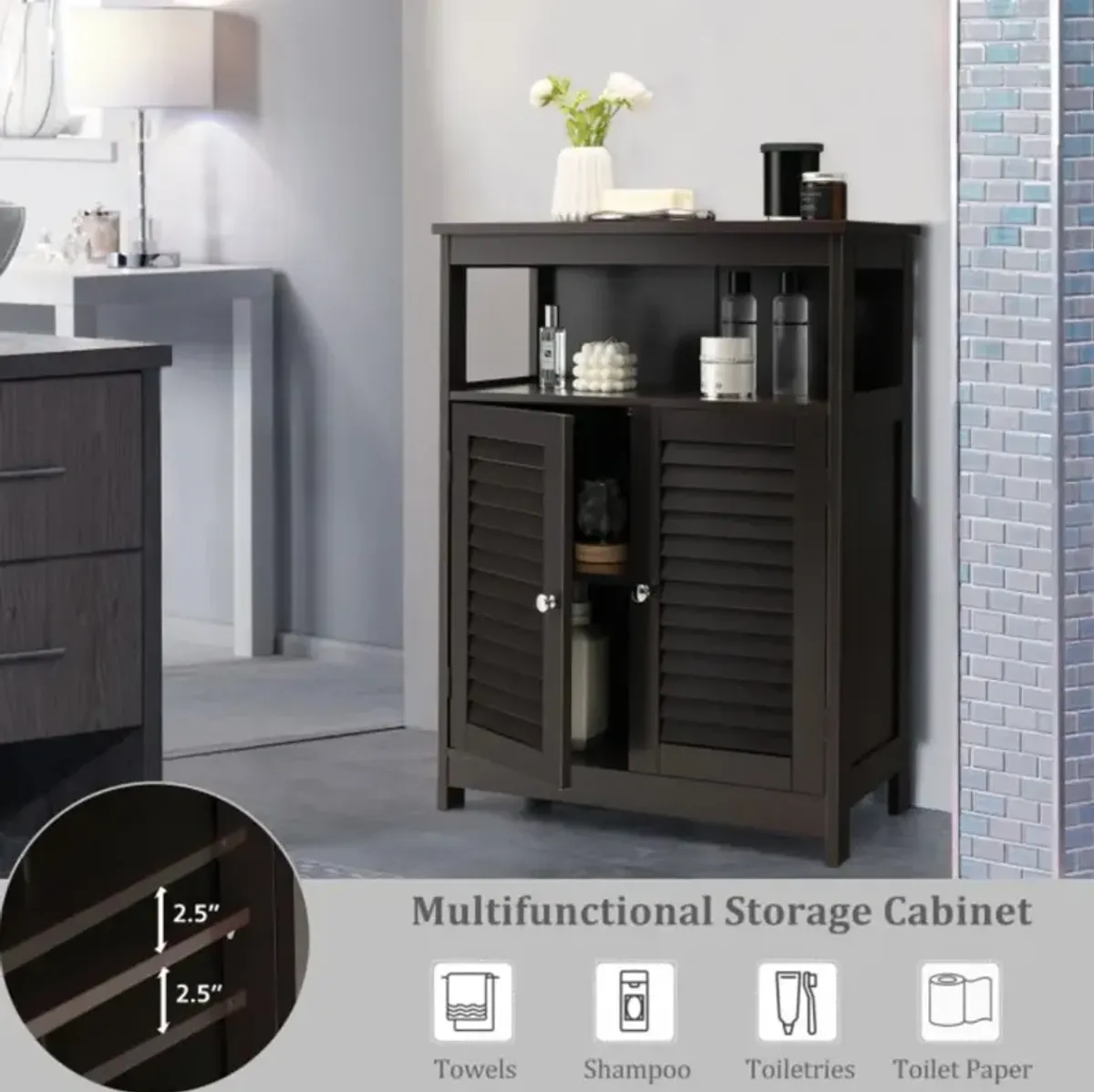 Hivvago Wood Freestanding Bathroom Storage Cabinet with Double Shutter Door