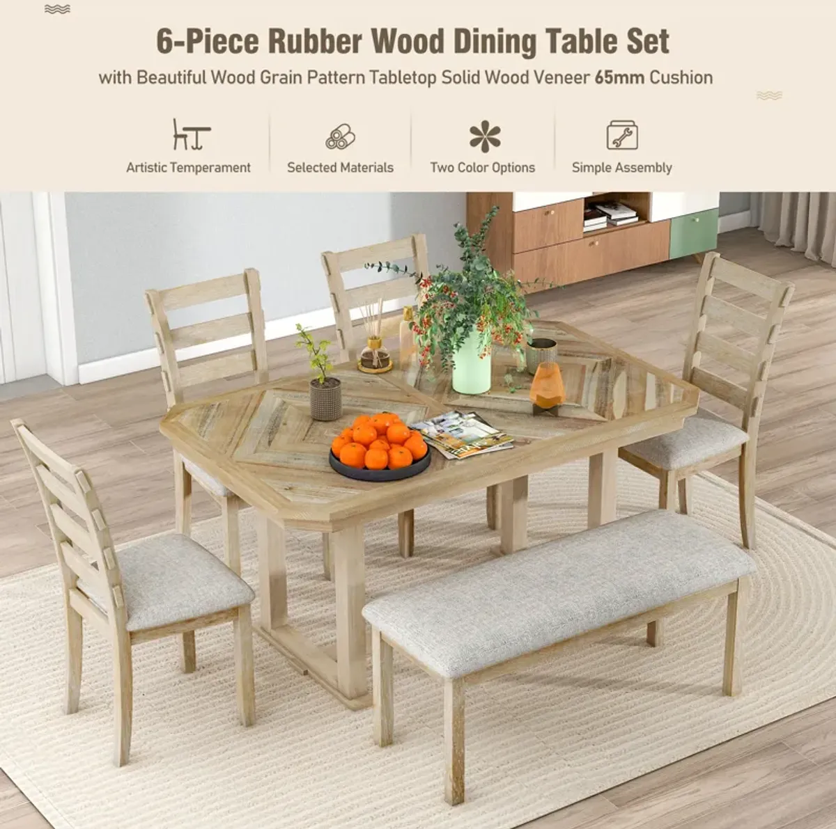 Gewnee 6-Piece Rubber Wood Dining Table Set with Beautiful Wood Grain Pattern Tabletop Solid Wood Veneer and Soft Cushion (Natural Wood Wash)