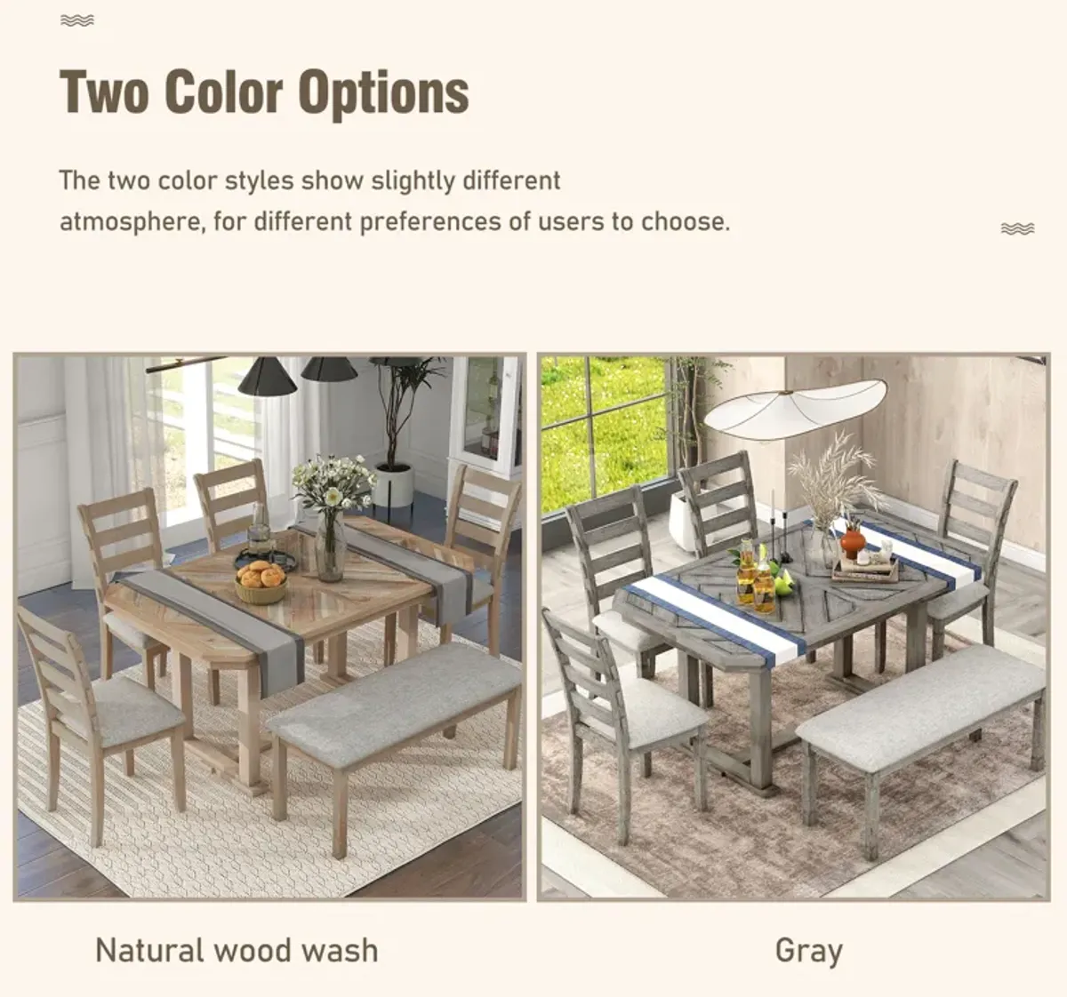 Gewnee 6-Piece Rubber Wood Dining Table Set with Beautiful Wood Grain Pattern Tabletop Solid Wood Veneer and Soft Cushion (Natural Wood Wash)