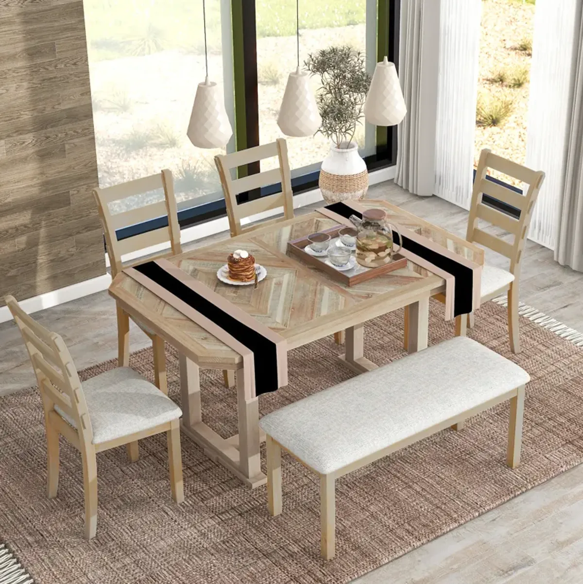 Gewnee 6-Piece Rubber Wood Dining Table Set with Beautiful Wood Grain Pattern Tabletop Solid Wood Veneer and Soft Cushion (Natural Wood Wash)