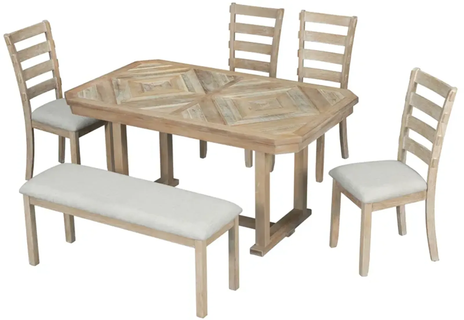 Gewnee 6-Piece Rubber Wood Dining Table Set with Beautiful Wood Grain Pattern Tabletop Solid Wood Veneer and Soft Cushion (Natural Wood Wash)